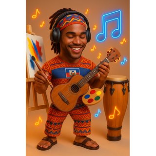 Haitian artist with headphones, guitar, and art supplies representing music and visual arts